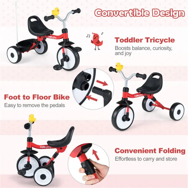 Toddler Tricycle With Rainbow LED Wheels, Foldable 3-in-1 Balance Bike With Carbon Steel Frame, Removable Pedals & Rear Storage Basket-Red