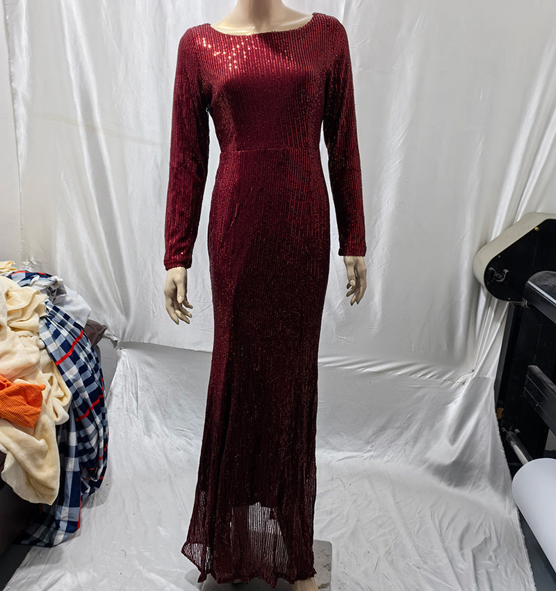 Sequined Long Sleeve Plus Size Vacation Style Dress