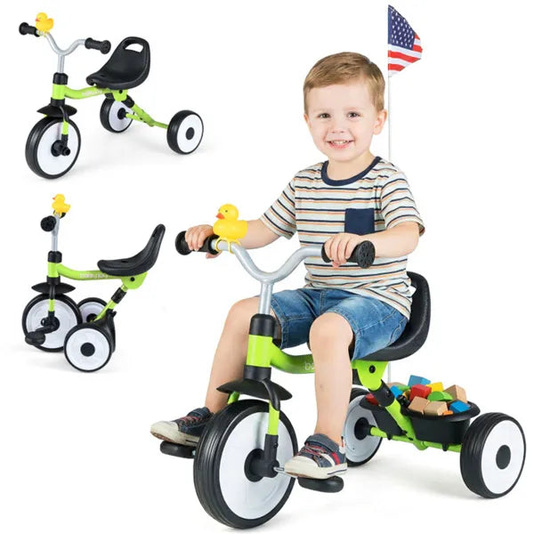 Toddler Tricycle With Rainbow LED Wheels, Foldable 3-in-1 Balance Bike With Carbon Steel Frame, Removable Pedals & Rear Storage Basket - Green
