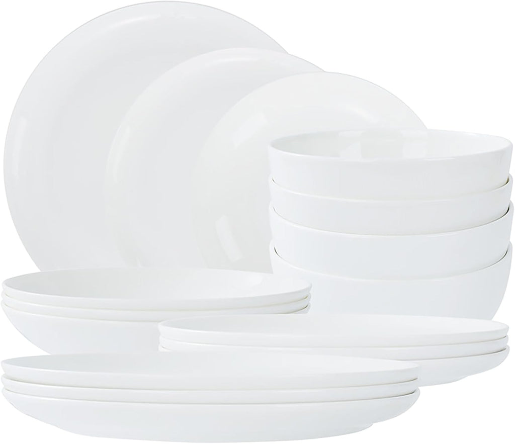 Lily Bone China Dinnerware Set, 16 Pieces, Service For 4, White Plates, Dishes, Bowls Set, Microwave And Dishwasher Safe