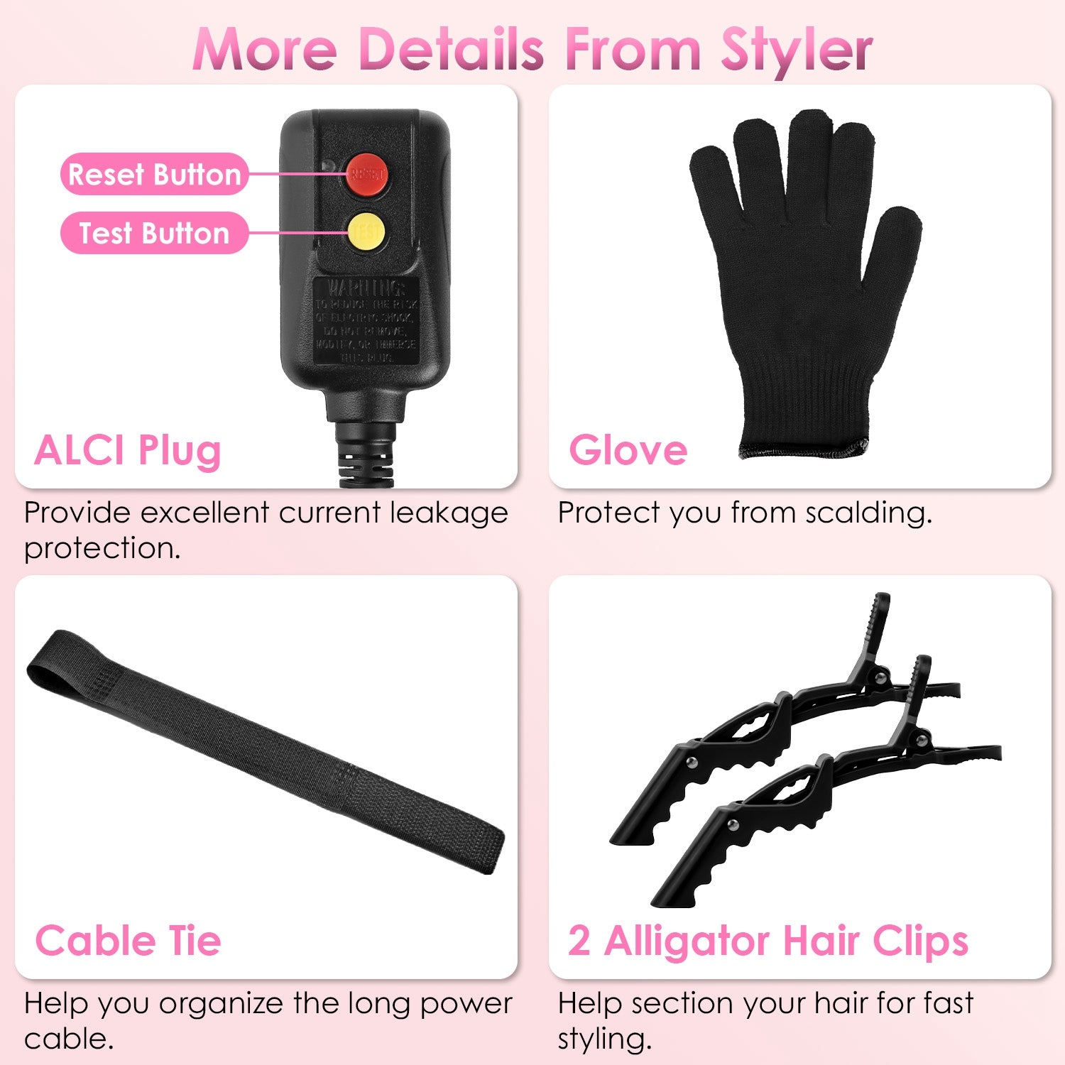 1Pc 5 In 1 Hot Air Styler Straightener Curler Dryer Automatic Wrap Styler Hair Dryer Brush Set With 3 Temp Settings ALCI Plug Glove Cable Tie 2 Alligator Hair Clips