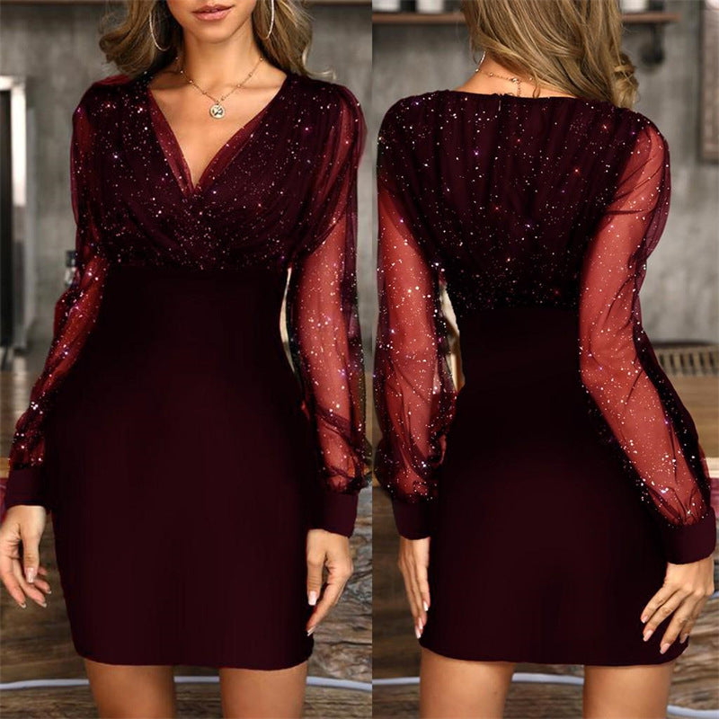 Mesh V-neck Sequined Long Sleeve Dress Dress Women