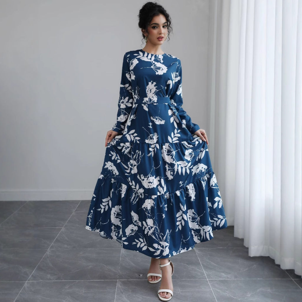 Blue Long-sleeved Round-neck Waist-tied Slim-fit Printed Midi Dress