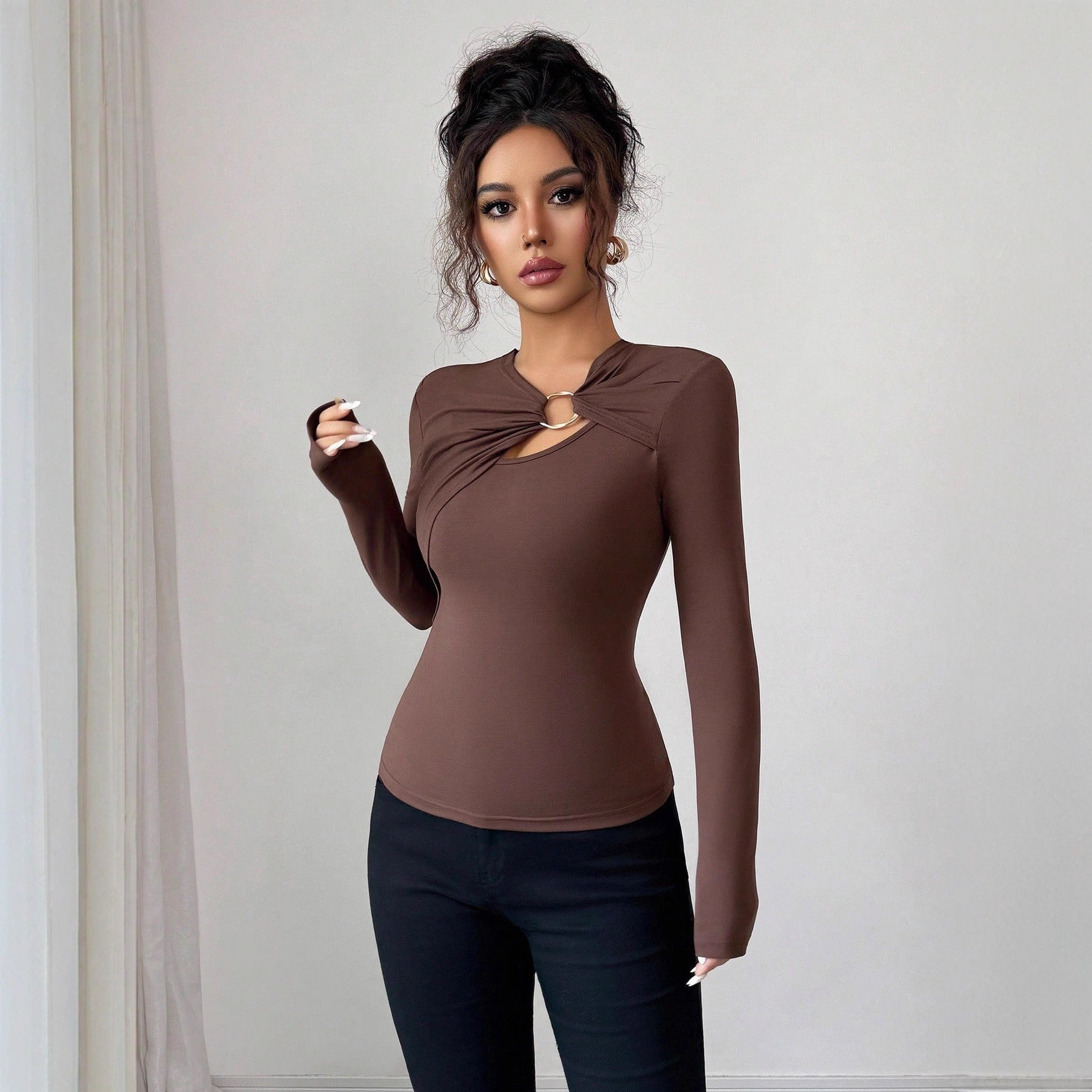 Asymmetric Hollow Metal Trim Slim Top