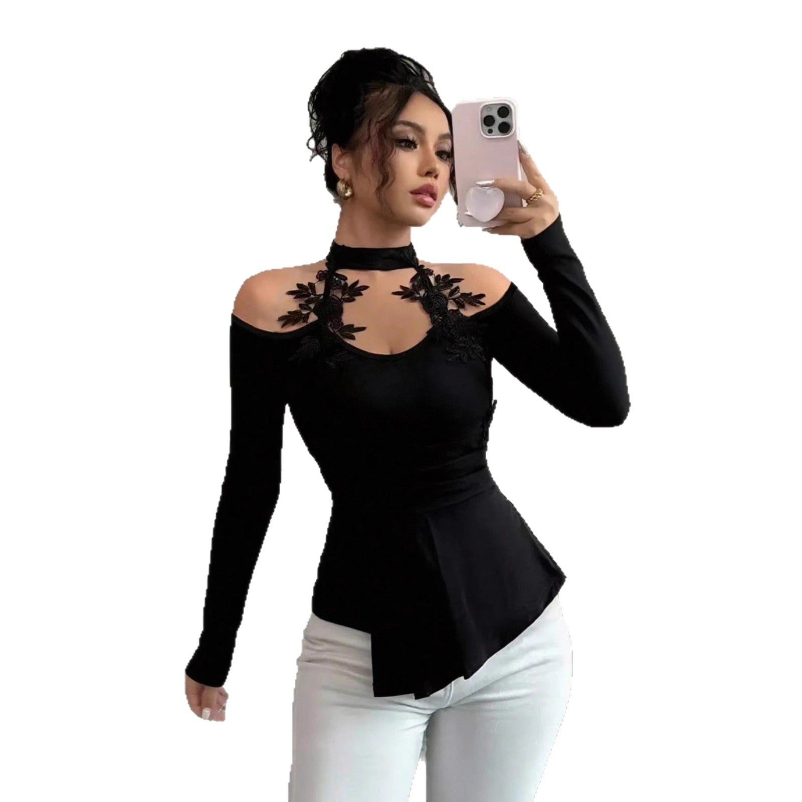 Hollow Out Shoulder-baring Applique Pleated Curved Hem Slim Top