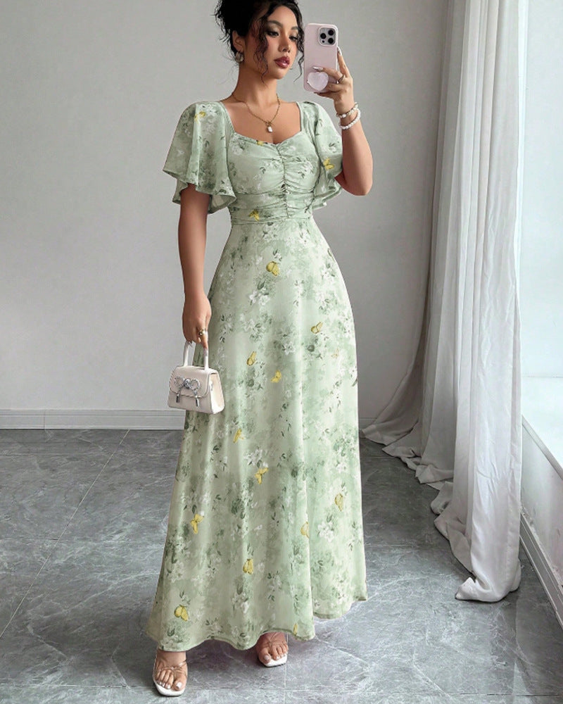 Lotus Sleeve Printed Slim Elegant Dress