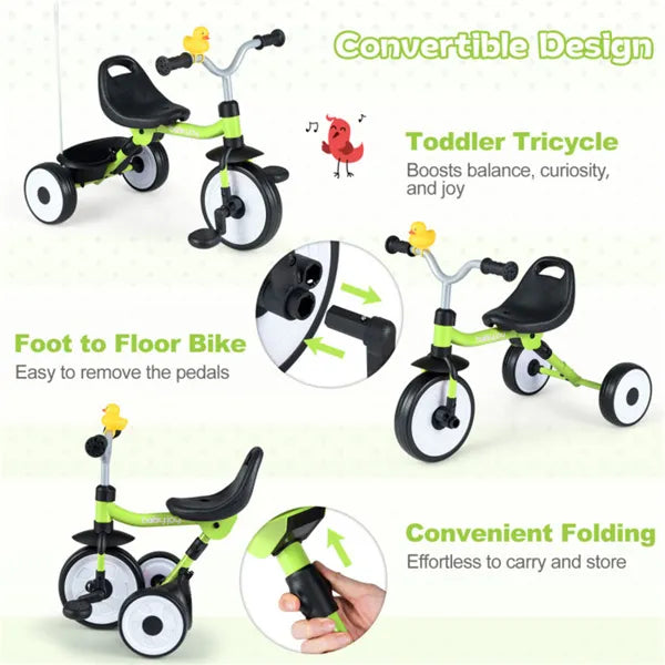 Toddler Tricycle With Rainbow LED Wheels, Foldable 3-in-1 Balance Bike With Carbon Steel Frame, Removable Pedals & Rear Storage Basket - Green