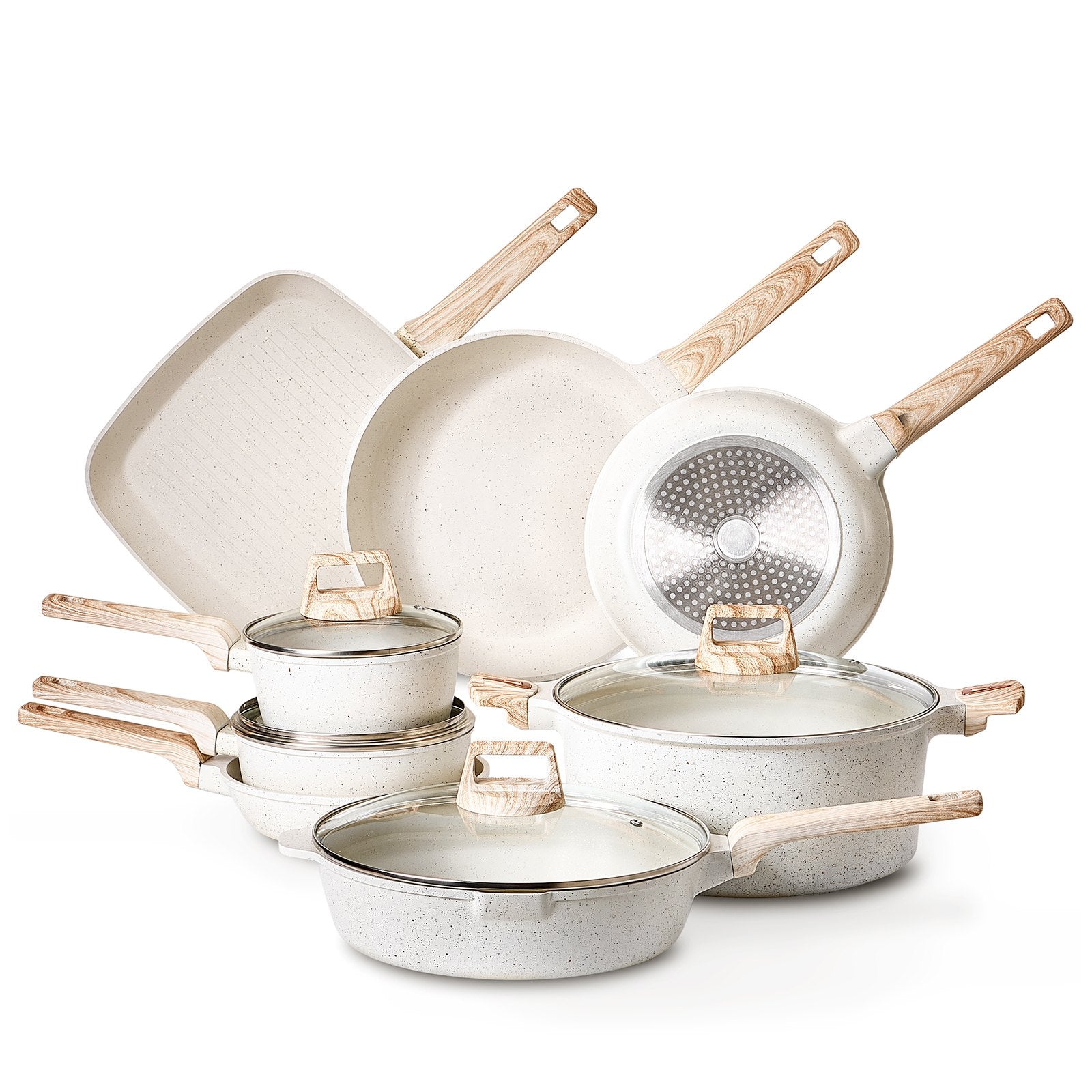 19 Piece Pots And Pans Set Granite Nonstick Kitchen Cookware Induction White