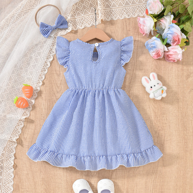Toddler Girl's Bunny Embroidered Dress, Round Neck Short Sleeve A-Line Dress With Back Button Closure