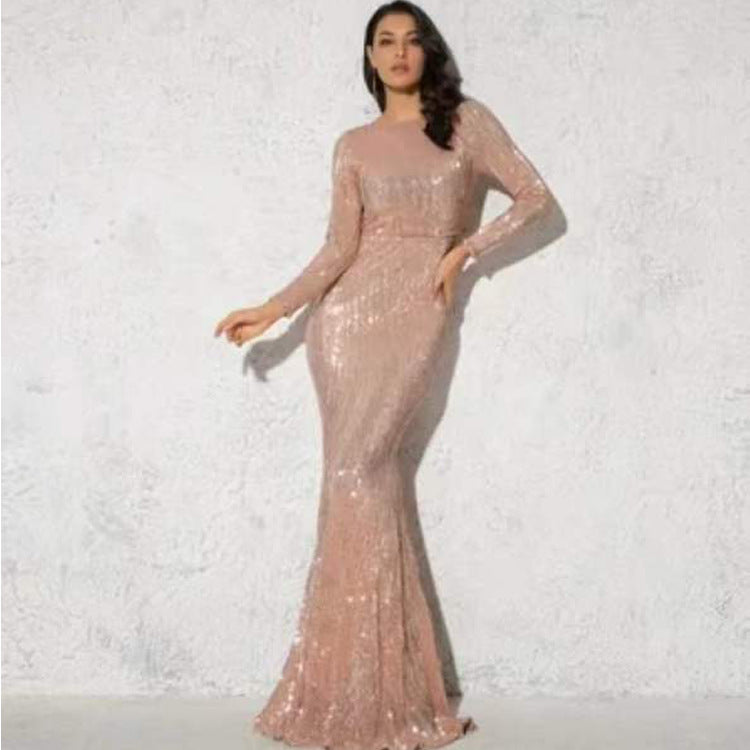 Sequined Long Sleeve Plus Size Vacation Style Dress