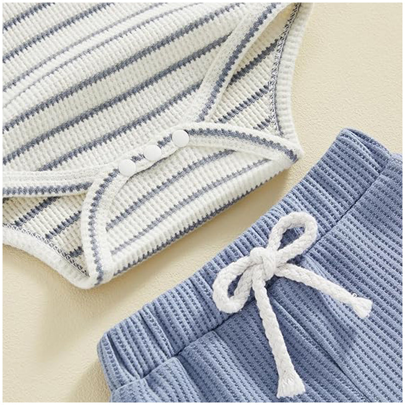 Baby Boy Summer Clothes Button Short Sleeve Romper Bodysuit Shorts Set Infant Soft Waffle Outfit