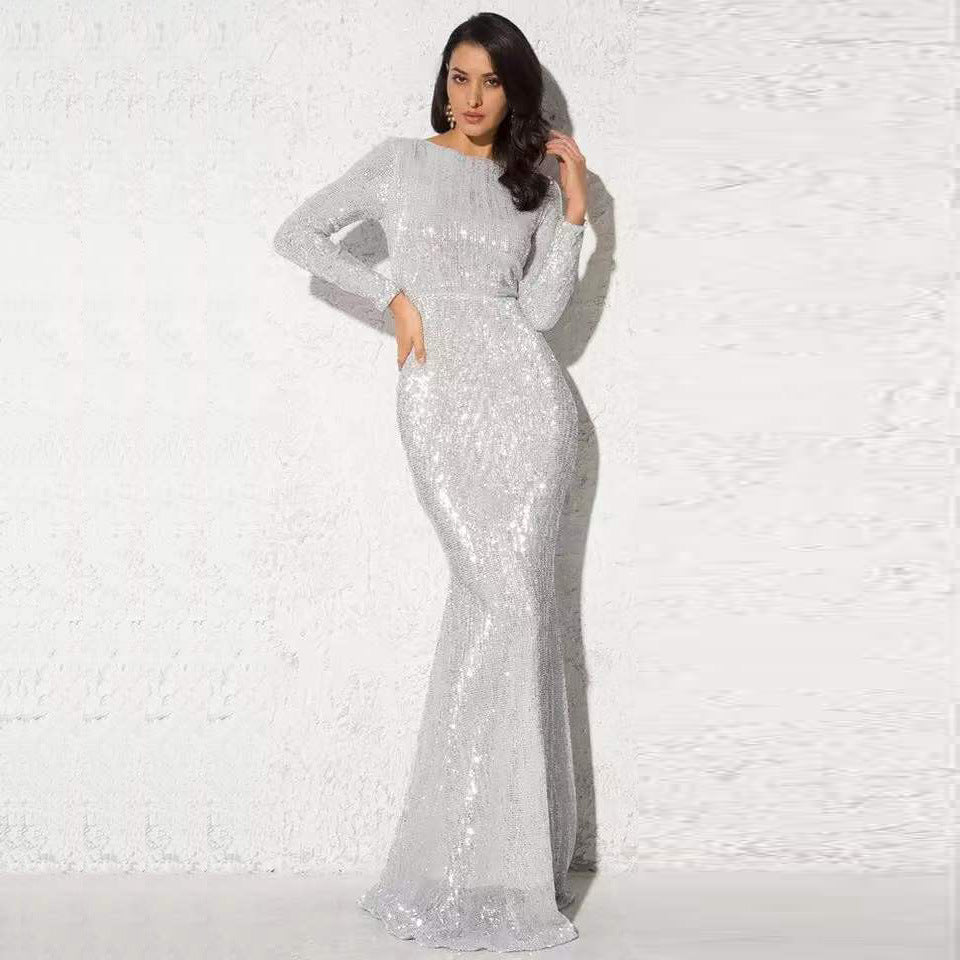 Sequined Long Sleeve Plus Size Vacation Style Dress