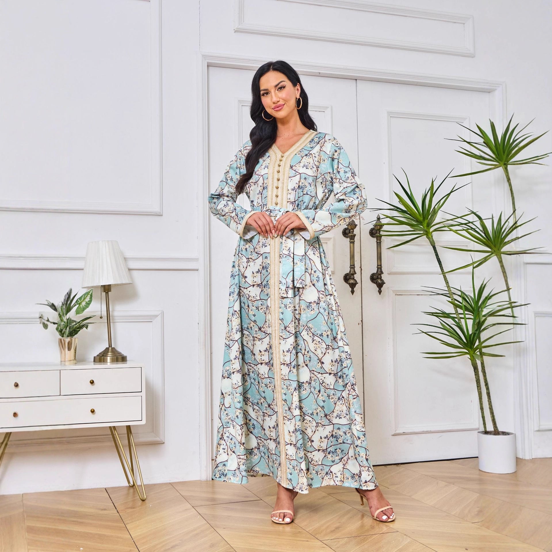 Dubai Abaya Gown Dress With Printed Hot-stone And Embroidered Detailing