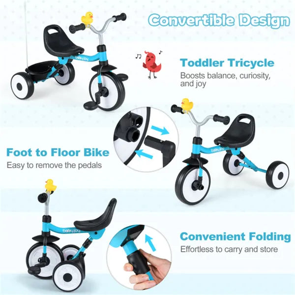 Toddler Tricycle With Rainbow LED Wheels, Foldable 3-in-1 Balance Bike With Carbon Steel Frame, Removable Pedals & Rear Storage Basket