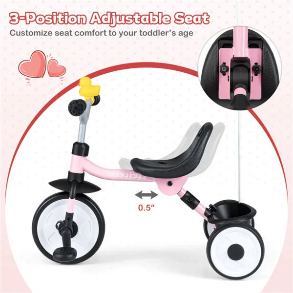 Toddler Tricycle With Rainbow LED Wheels, Foldable 3-in-1 Balance Bike With Carbon Steel Frame, Removable Pedals & Rear Storage Basket - Pink