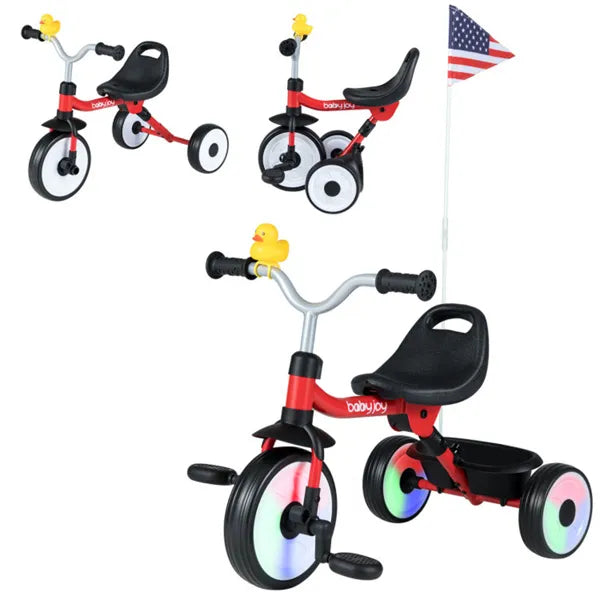 Toddler Tricycle With Rainbow LED Wheels, Foldable 3-in-1 Balance Bike With Carbon Steel Frame, Removable Pedals & Rear Storage Basket-Red