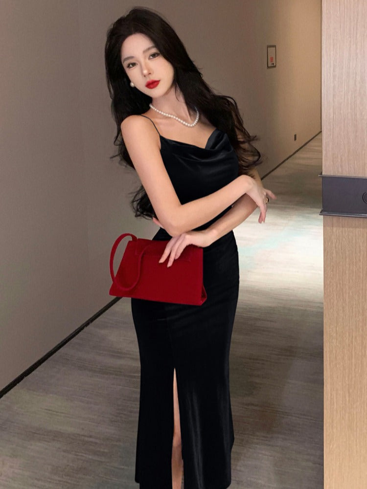 Golden Velvet Strapped Women's Tight Mermaid Long Dress