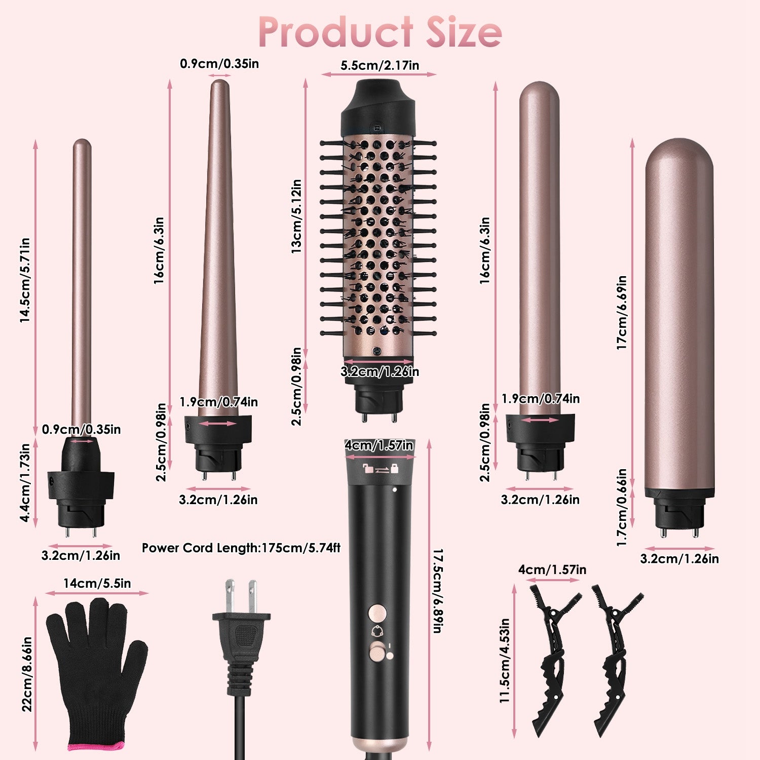 2 Type Options--1Pc 5 In 1 Curling Wand Hair Curling Iron Brush Anti-Tangle Hair Thermal Brush Curler With 4 Heating Levels 360 Degree Rotatable Cable 5 Interchangeable Barrels 2 Clips 1H Auto Off
