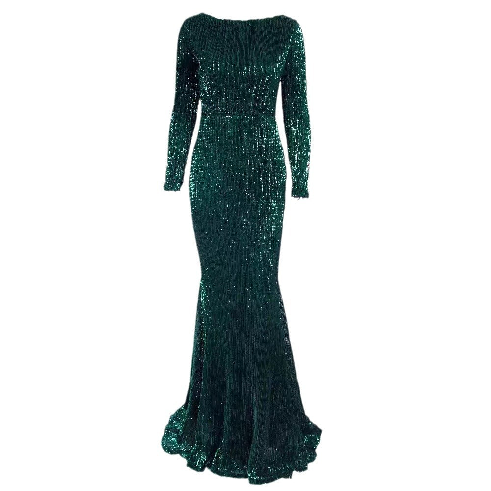 Sequined Long Sleeve Plus Size Vacation Style Dress