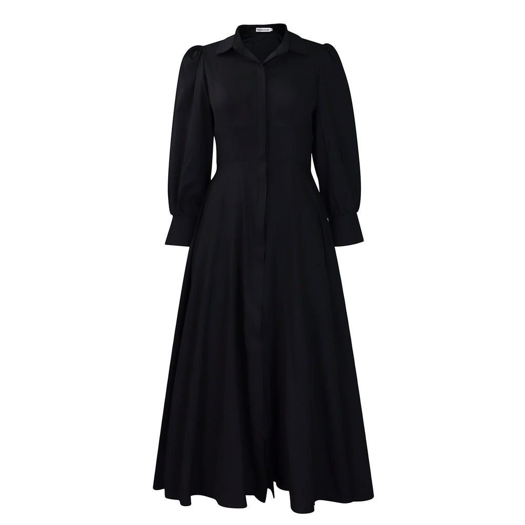 Women's Elegant Long Sleeve Big Hem Shirt Solid Color Dress