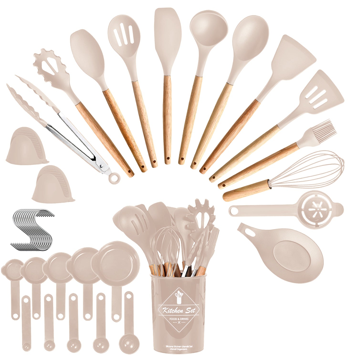 4 Colors Options -- Set Of 35Pcs Kitchen Cooking Utensils Set Spatula Set Baking Utensil Set Kitchen Accessories Necessities With Holder Egg Whisk Separator Tong Turner Spoons Cups