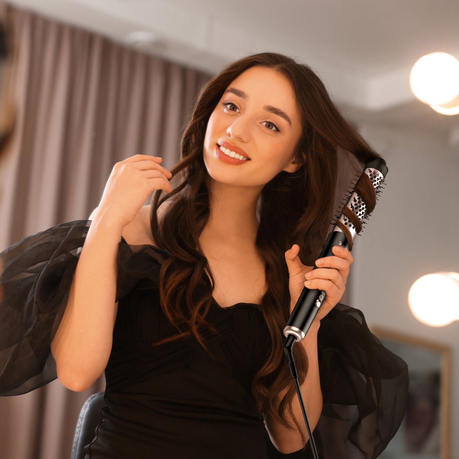 2 Type Options--1Pc 5 In 1 Curling Wand Hair Curling Iron Brush Anti-Tangle Hair Thermal Brush Curler With 4 Heating Levels 360 Degree Rotatable Cable 5 Interchangeable Barrels 2 Clips 1H Auto Off