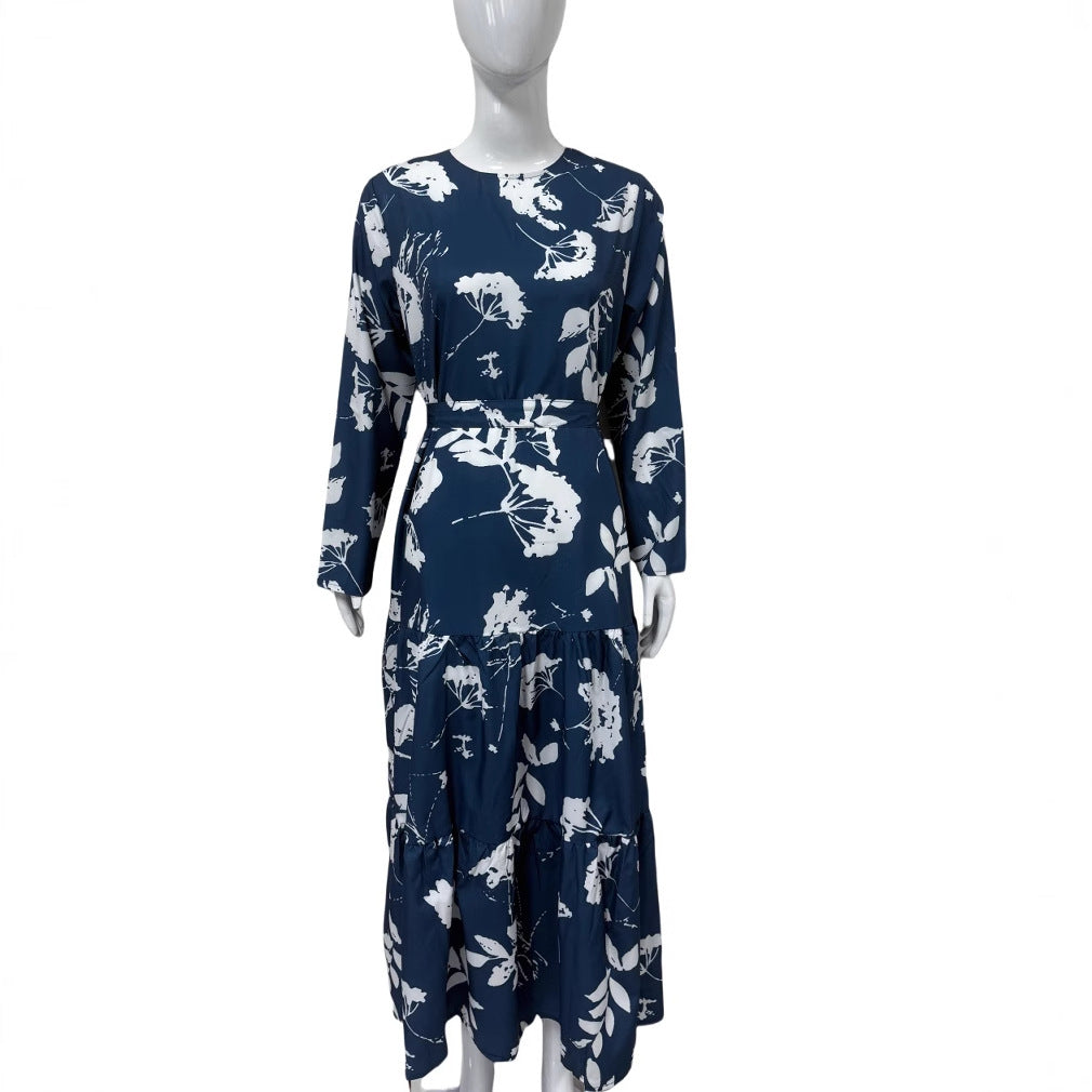 Blue Long-sleeved Round-neck Waist-tied Slim-fit Printed Midi Dress