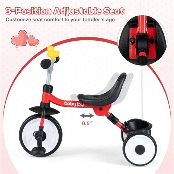 Toddler Tricycle With Rainbow LED Wheels, Foldable 3-in-1 Balance Bike With Carbon Steel Frame, Removable Pedals & Rear Storage Basket-Red
