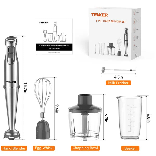 1100W Immersion Hand Blender, Stainless Steel Stick Blender With 12-Speed & Turbo Mode, TENKER 5-in-1 Handheld Blender With 600ml Mixing Beaker With Lid, 500ml Chopper, Whisk, Milk Frother, BPA-Free