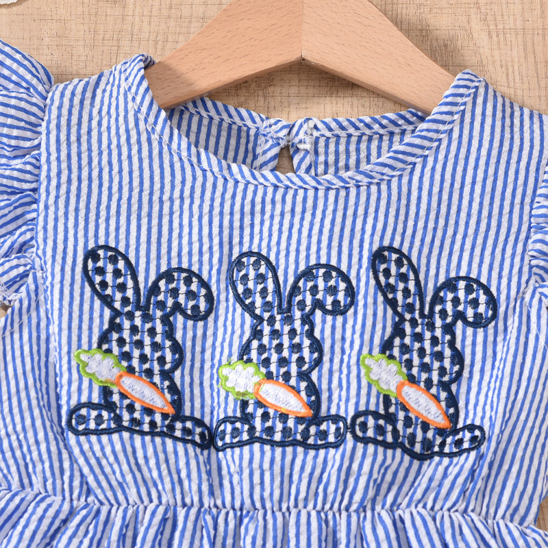 Toddler Girl's Bunny Embroidered Dress, Round Neck Short Sleeve A-Line Dress With Back Button Closure