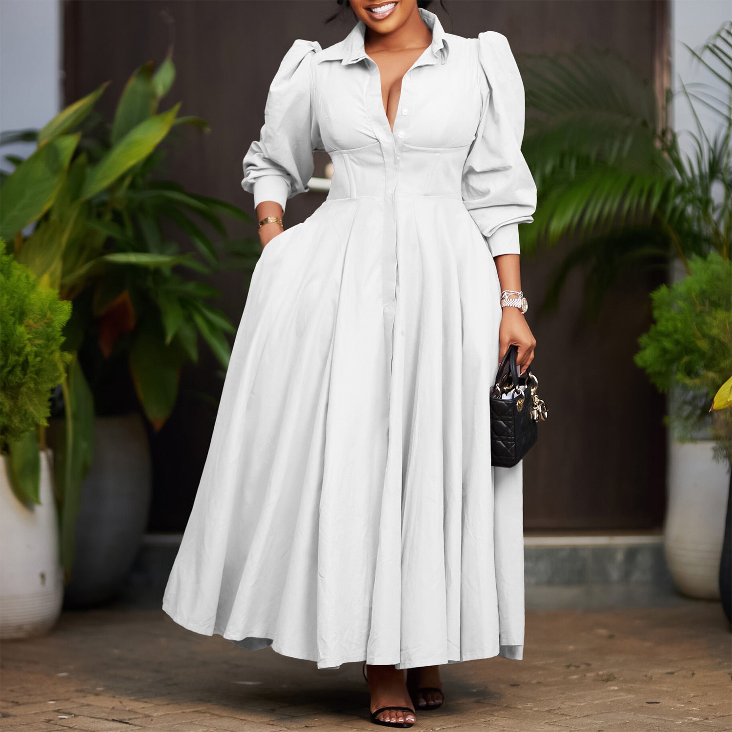 Women's Elegant Long Sleeve Big Hem Shirt Solid Color Dress