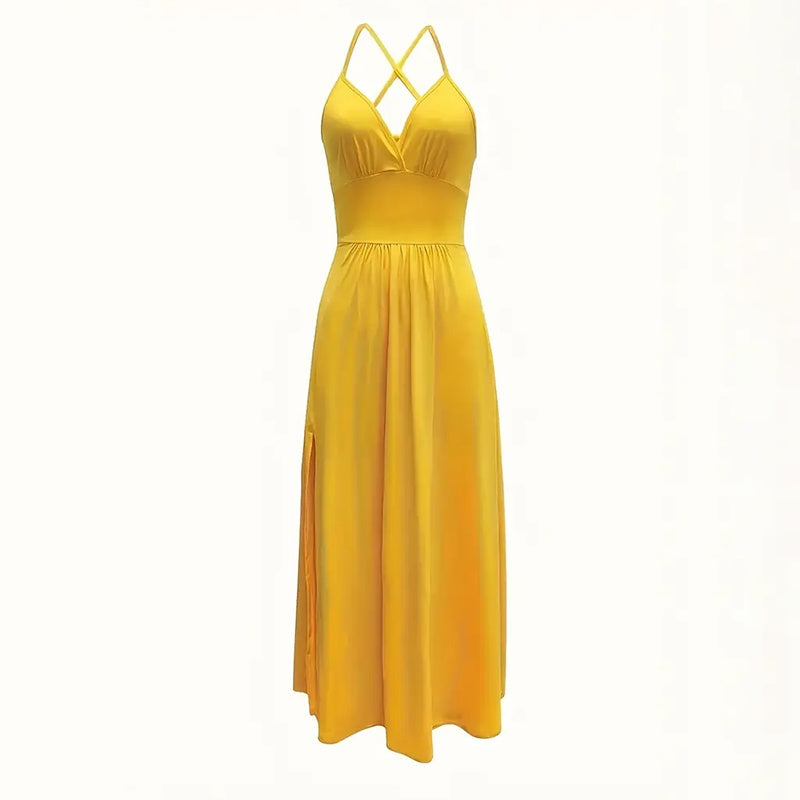 Women's Sexy Deep V Neck Maxi Dress Spaghetti Strap Sleeveless Backless High Slit Long Dress