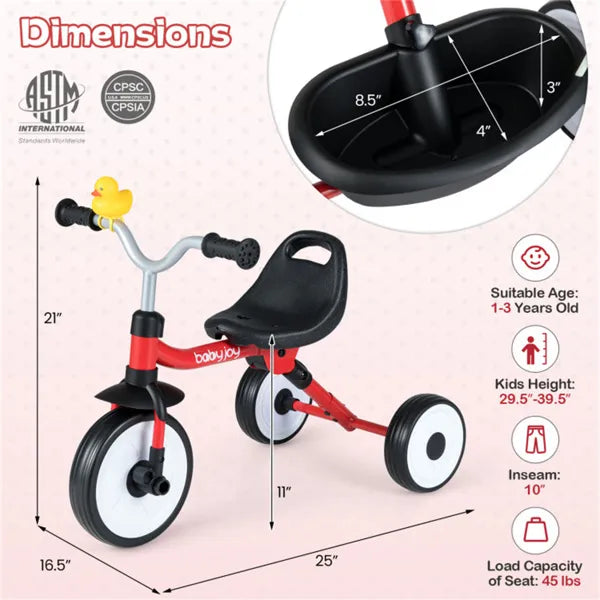 Toddler Tricycle With Rainbow LED Wheels, Foldable 3-in-1 Balance Bike With Carbon Steel Frame, Removable Pedals & Rear Storage Basket-Red