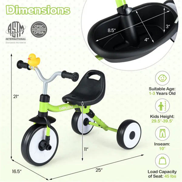 Toddler Tricycle With Rainbow LED Wheels, Foldable 3-in-1 Balance Bike With Carbon Steel Frame, Removable Pedals & Rear Storage Basket - Green