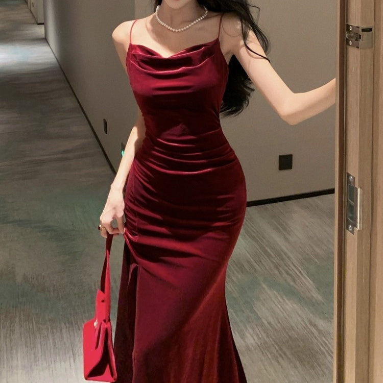Golden Velvet Strapped Women's Tight Mermaid Long Dress