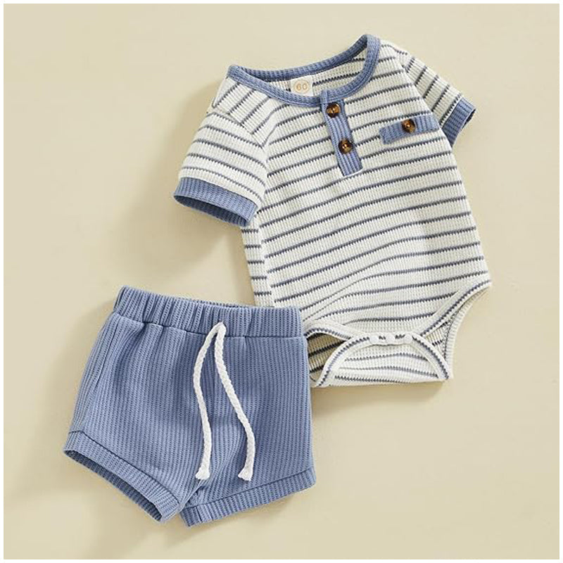 Baby Boy Summer Clothes Button Short Sleeve Romper Bodysuit Shorts Set Infant Soft Waffle Outfit