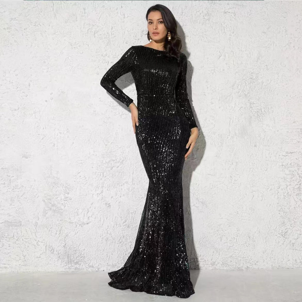 Sequined Long Sleeve Plus Size Vacation Style Dress