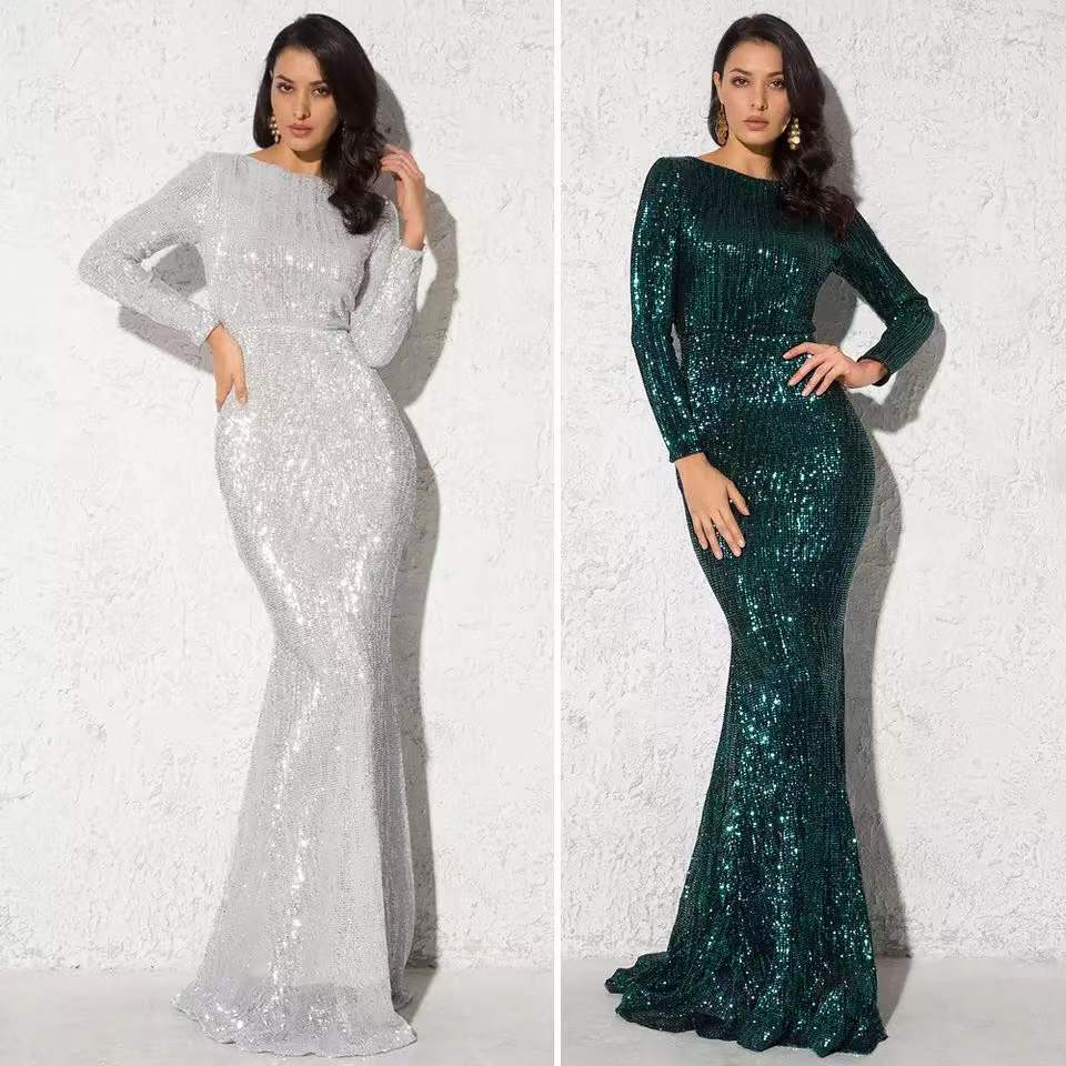 Sequined Long Sleeve Plus Size Vacation Style Dress