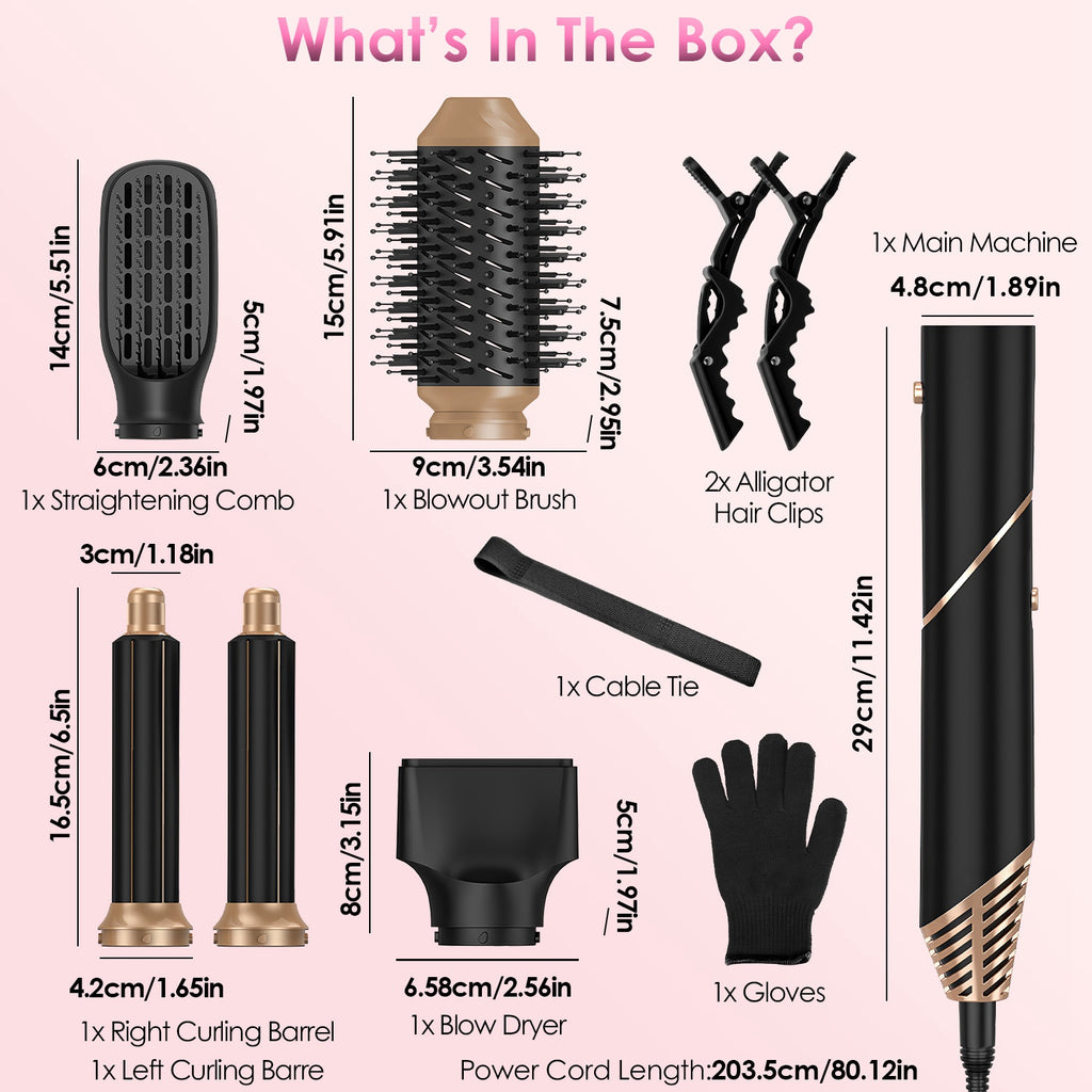 1Pc 5 In 1 Hot Air Styler Straightener Curler Dryer Automatic Wrap Styler Hair Dryer Brush Set With 3 Temp Settings ALCI Plug Glove Cable Tie 2 Alligator Hair Clips