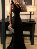 Black Sequin Halter Neck Mermaid Gown With Full Sparkle Detail