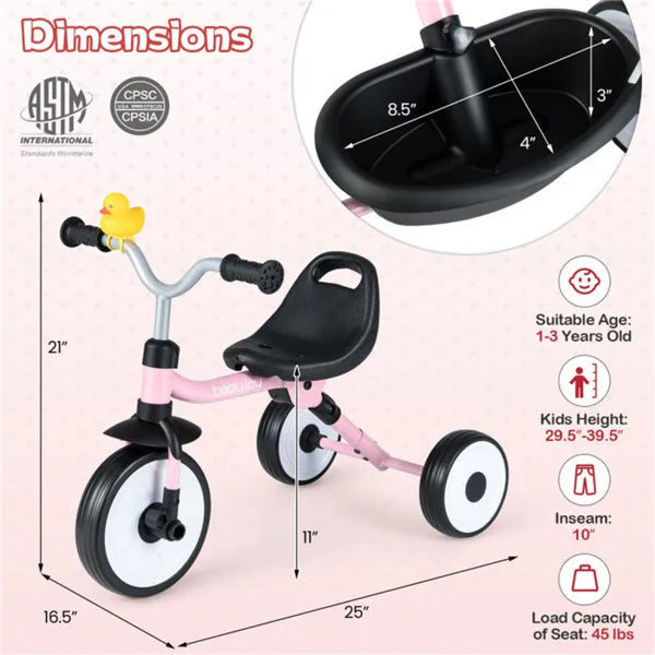 Toddler Tricycle With Rainbow LED Wheels, Foldable 3-in-1 Balance Bike With Carbon Steel Frame, Removable Pedals & Rear Storage Basket - Pink