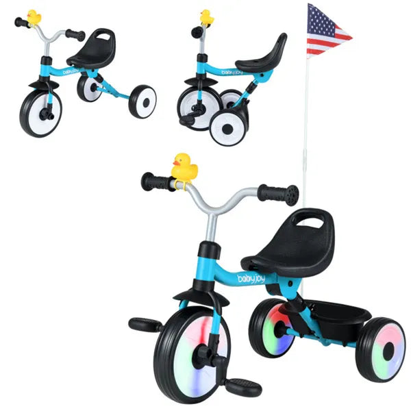 Toddler Tricycle With Rainbow LED Wheels, Foldable 3-in-1 Balance Bike With Carbon Steel Frame, Removable Pedals & Rear Storage Basket