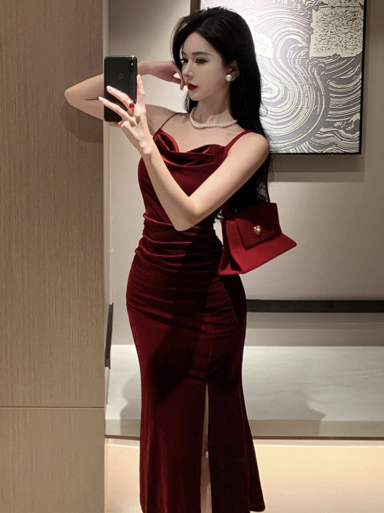 Golden Velvet Strapped Women's Tight Mermaid Long Dress