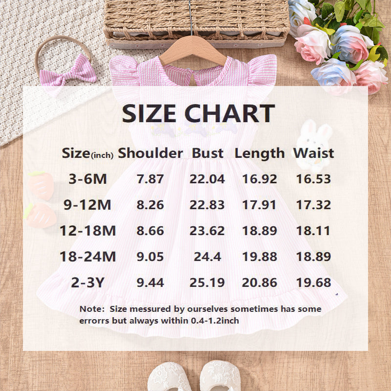 Toddler Girl's Bunny Embroidered Dress, Round Neck Short Sleeve A-Line Dress With Back Button Closure