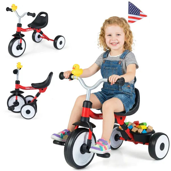 Toddler Tricycle With Rainbow LED Wheels, Foldable 3-in-1 Balance Bike With Carbon Steel Frame, Removable Pedals & Rear Storage Basket-Red