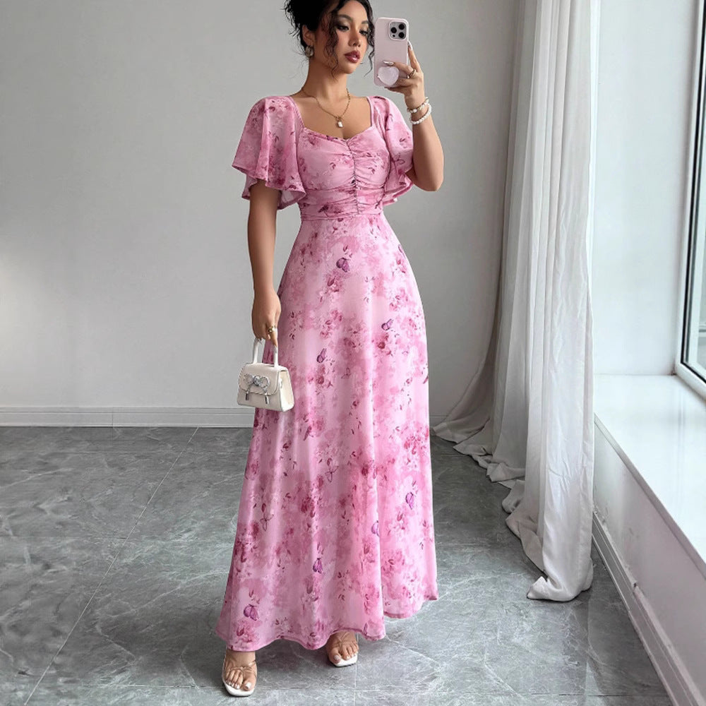 Lotus Sleeve Printed Slim Elegant Dress