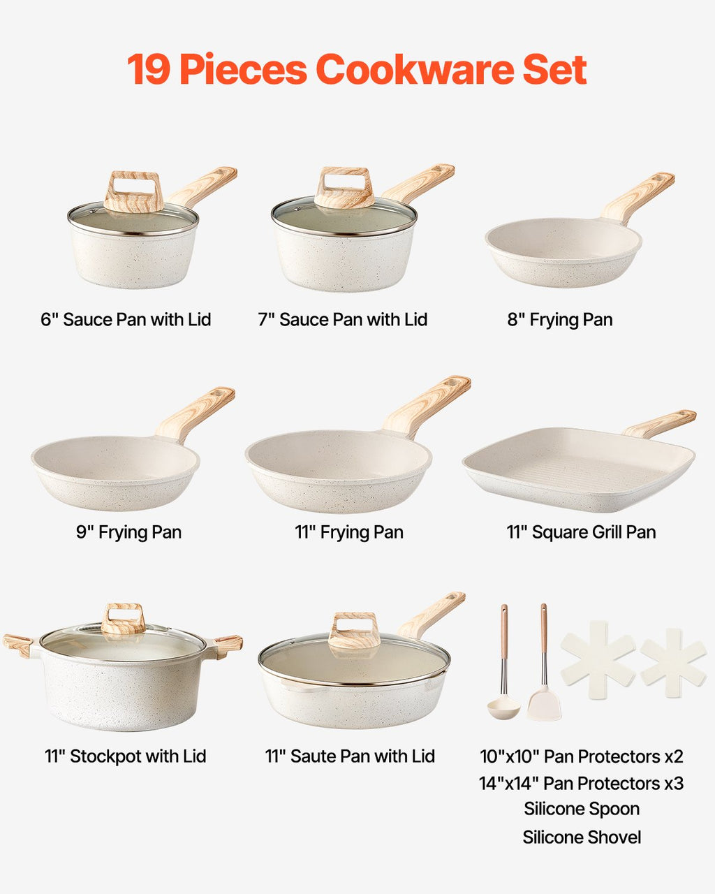 19 Piece Pots And Pans Set Granite Nonstick Kitchen Cookware Induction White