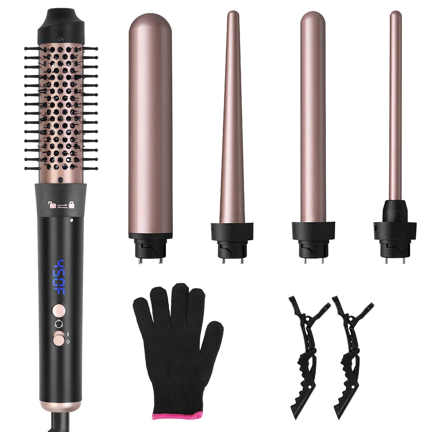 2 Type Options--1Pc 5 In 1 Curling Wand Hair Curling Iron Brush Anti-Tangle Hair Thermal Brush Curler With 4 Heating Levels 360 Degree Rotatable Cable 5 Interchangeable Barrels 2 Clips 1H Auto Off