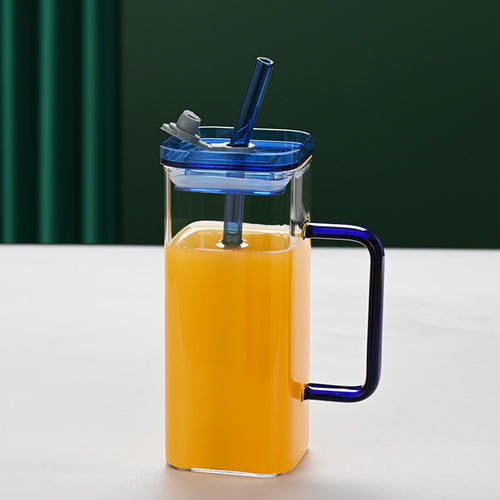 6 Pcs Glass Straw Cup, 6 Colors Square Glass Cup With Straw And Lid, High Borosilicate Glass Cup, Milk Cup, Juice Cup, Cold Drink Cup, Coffee Cup, Tea Cup, Office Cup, Gift Cup