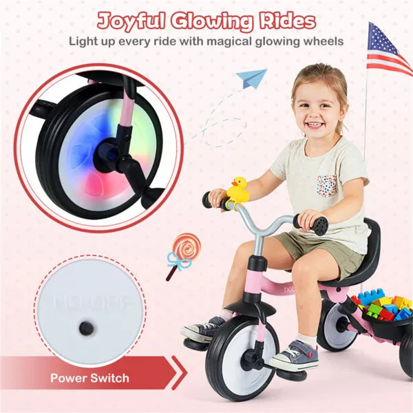 Toddler Tricycle With Rainbow LED Wheels, Foldable 3-in-1 Balance Bike With Carbon Steel Frame, Removable Pedals & Rear Storage Basket - Pink